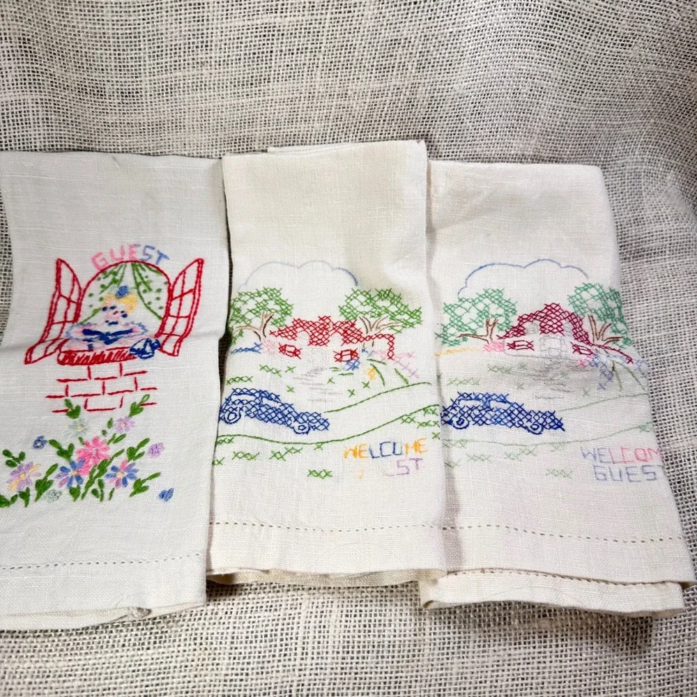 Hand Embroidered Linen Hand Towels Set of 3‎ Welcome Guest Cottagecore 12x18 vtg